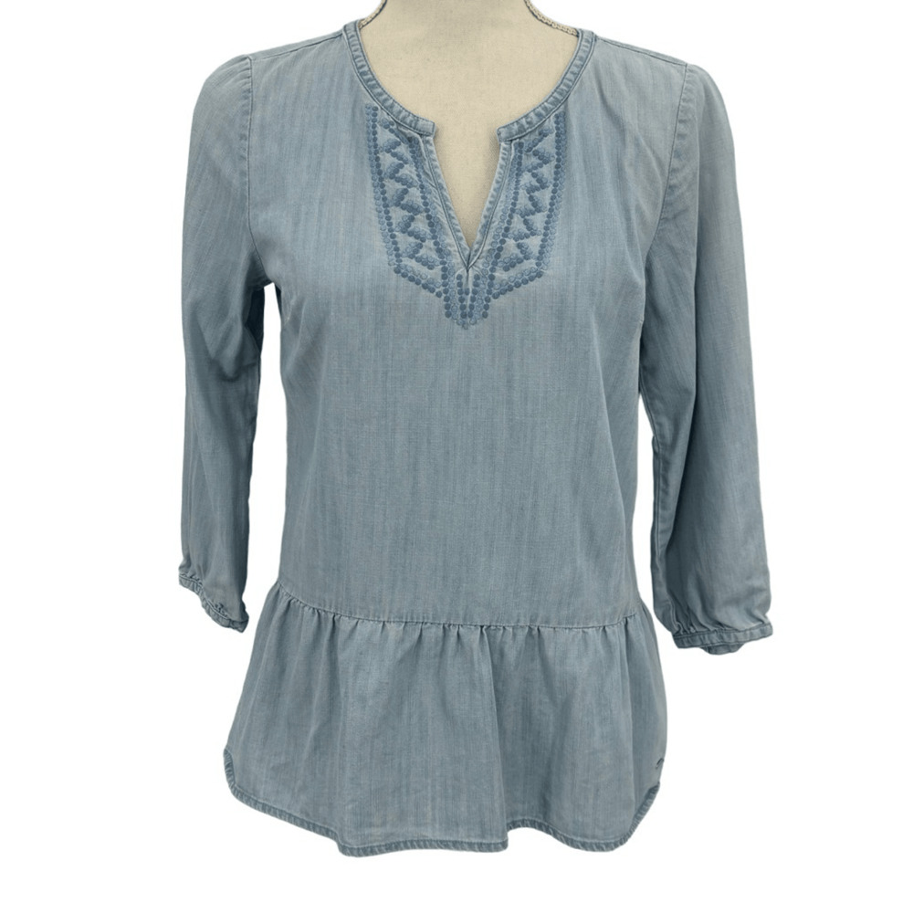 Tommy Hilfiger Blue Ruffles 3/4 Sleeves V-Neck Embroidered Denim Blouse Small
